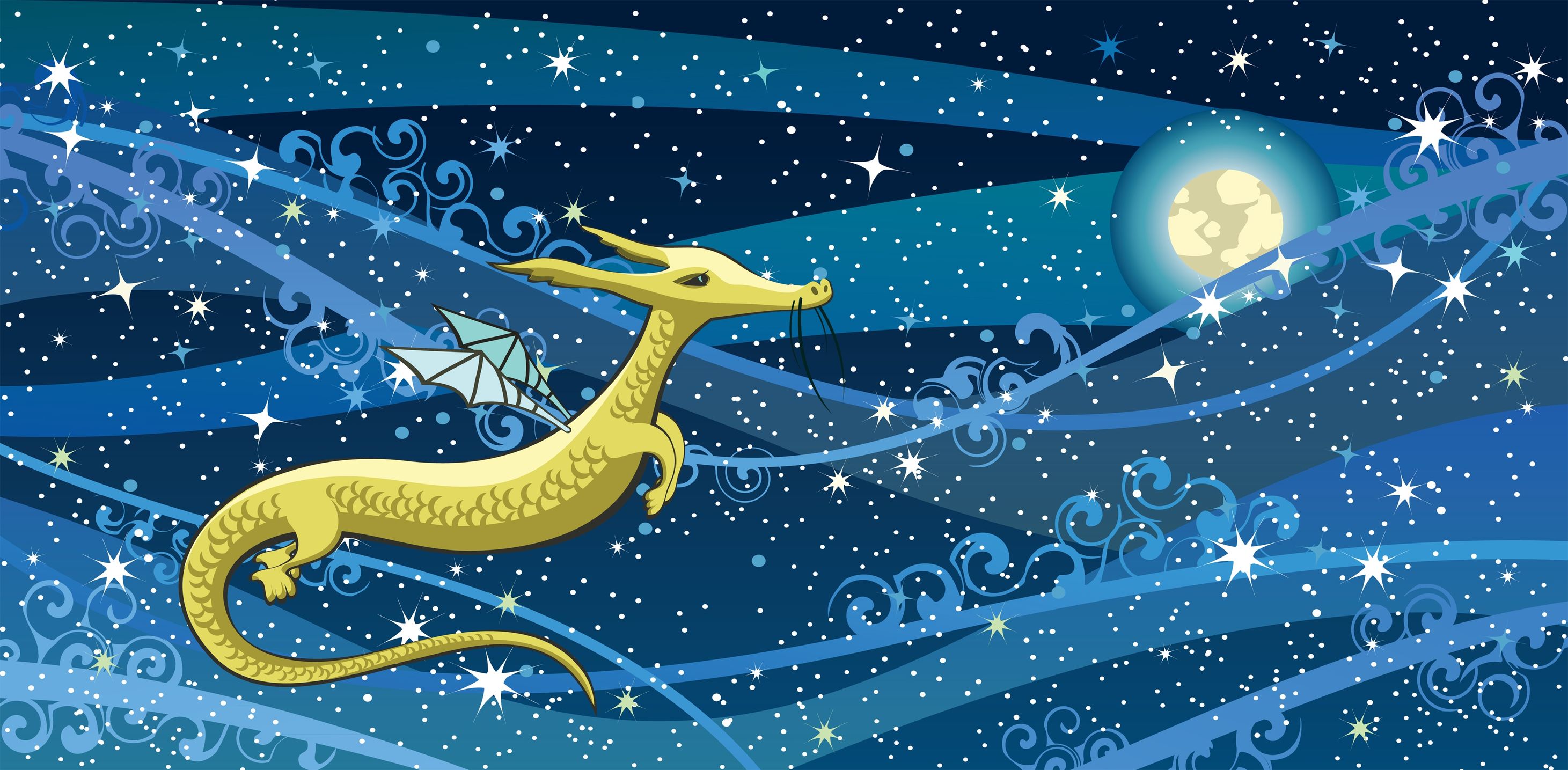 11529816 - cartoon yellow dragon on a night sky with stars and moon